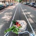 red roses in brown cardboard box on bicycle